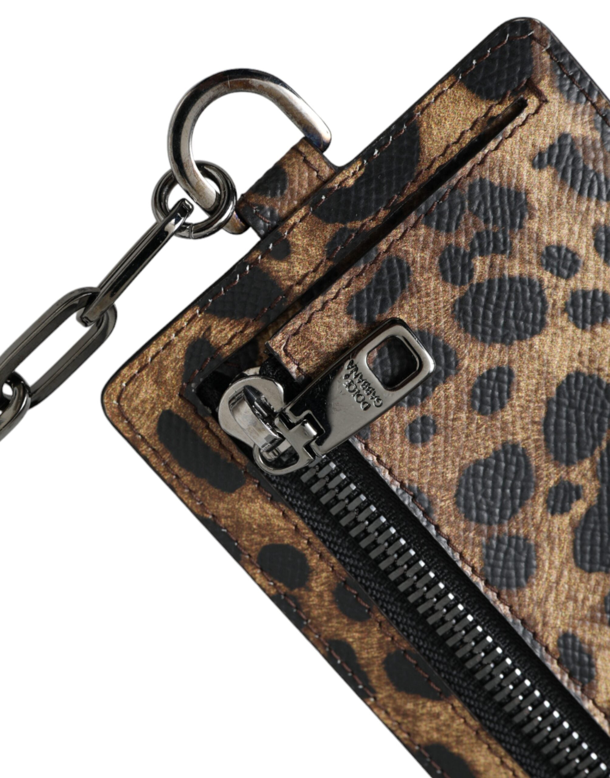 Dolce & Gabbana Kahverengi Deri Leopar Desenli Logo Plakalı Kartlık Cüzdan